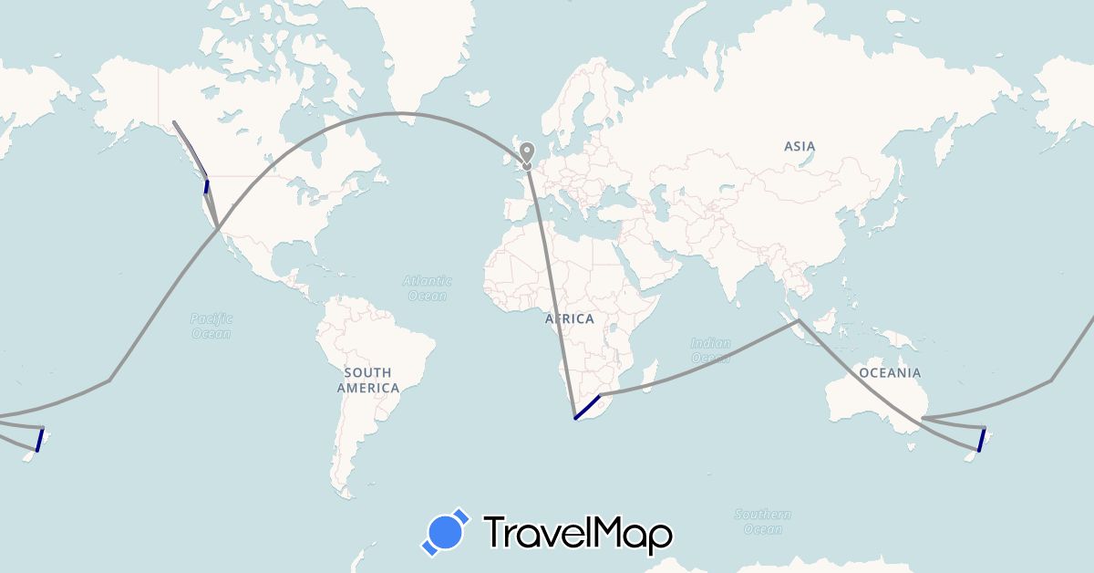TravelMap itinerary: driving, plane in Australia, Canada, Cook Islands, United Kingdom, New Zealand, Singapore, United States, South Africa (Africa, Asia, Europe, North America, Oceania)